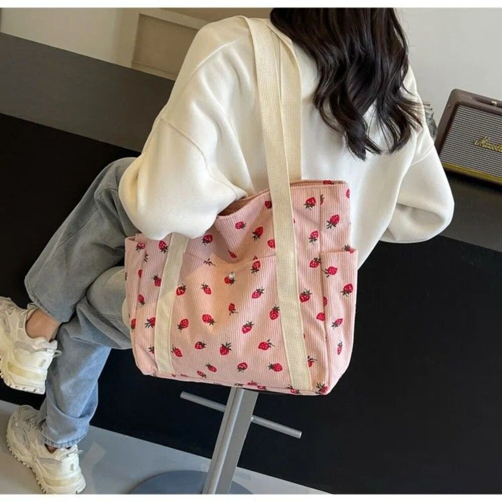 Women’s Corduroy Strawberry Print Tote Bag Large Capacity Shoulder Handbag Pink - Picture 3 of 3